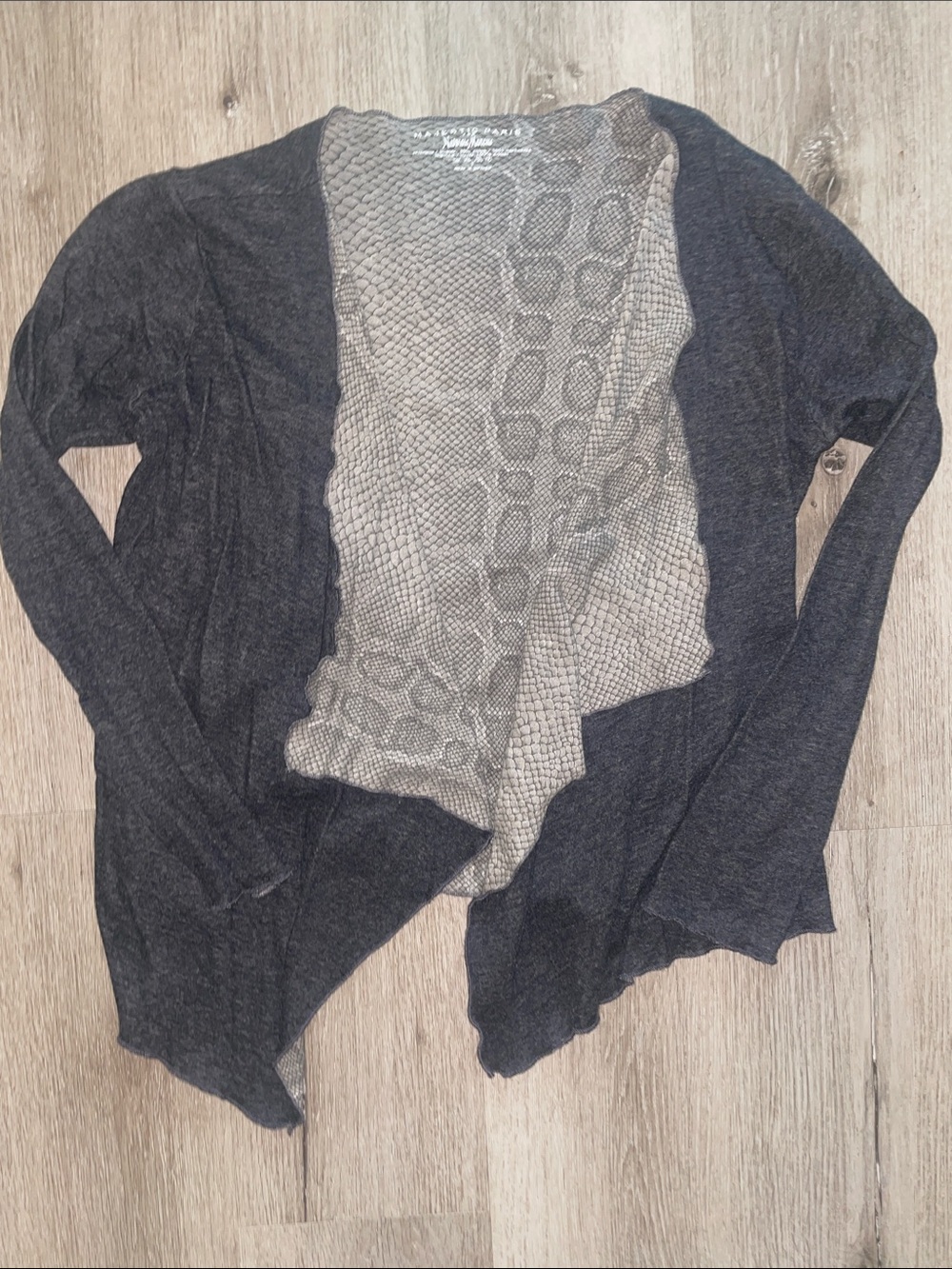 Majestic Paris for Neiman Marcus | Draped Open Front Cardigan | Gray Snakeskin